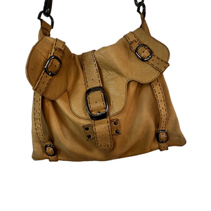 Carla Mancini Pebbled Italian Leather Camel Brown Handbag Purse Crossbody Large